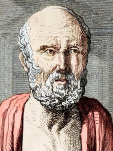 Hippocrates (c.460-c.370 BC), Ancient Greek physician and philosopher. Hippocrates, who is considered the father of medicine, founded a medical school on the Aegean island of Kos. He had a rational approach, believing that disease was caused by physical phenomena, and not by the the gods. Artwork from the 19th century book ^IVies des^i ^ISavants Illustres^i.